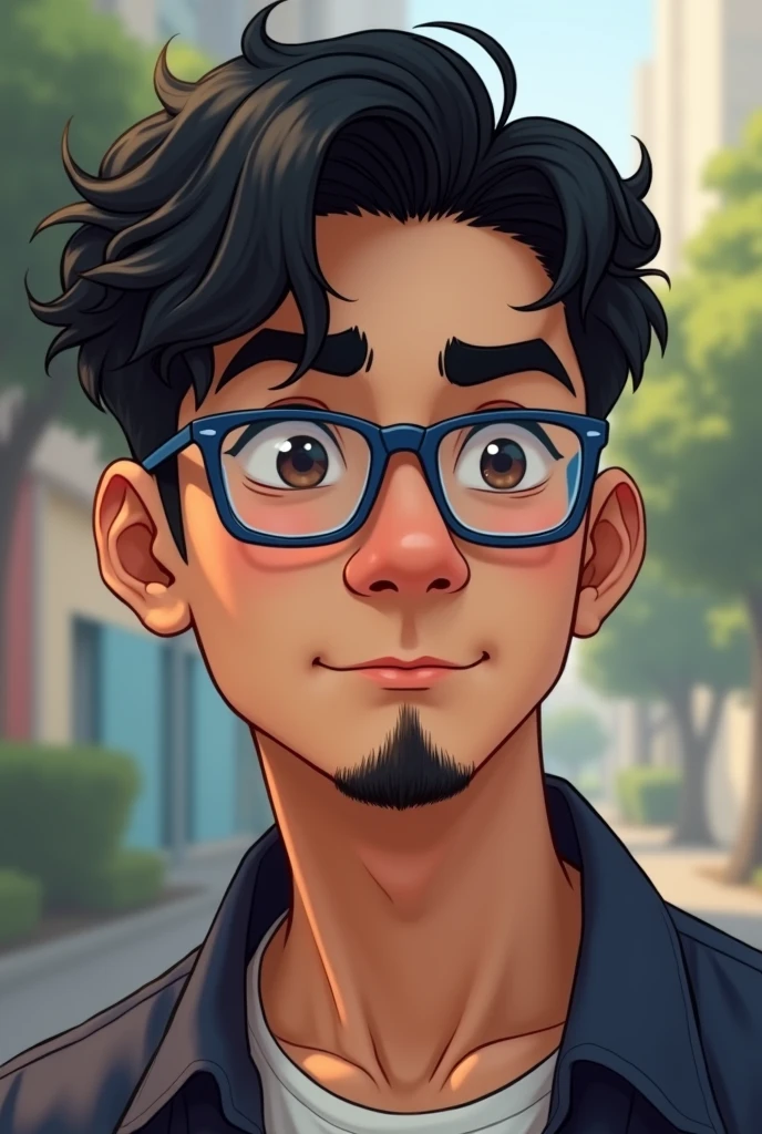 I'm a guy with short, black, wavy hair with an American cut., with very black eyebrows, Round face, lips a little thick, I wear blue framed glasses with square lenses. I'm 2 and I like games, thin black mustache and beard. Half Japanese eyes