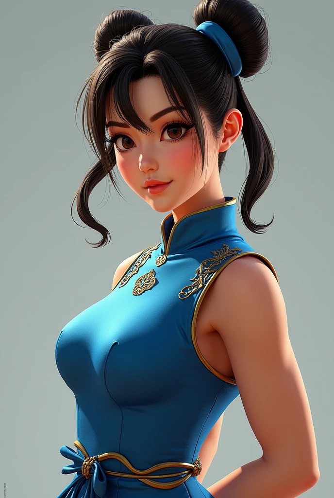 Chun-Li from Street Fight II,perfect chun li costume,blue cheongsam with gold lines,Bun head,Good cover,fighting pose,masterpiece、1 beautiful girl、fine eyes、puffy eyes、highest quality, 超High resolution, (reality: 1.4), movie lighting、Japanese、asian beauty、Korean、super beautiful、beautiful skin、body facing forward、close up of face、(超reality的な)、(High resolution)、(8k)、(very detailed)、(美しくfine eyes)、(Super detailed)、 (wall-)、detailed face、bright lighting、professional lighting、looking at the viewer、look straight ahead、slanted bangs、Nogizaka Idol、korean idol、masterpiece, highest quality, masterpiece, highest quality, perfect face, perfect brown eyes with white sclera, bad move-5, alone, 1 girl, Upper body, brown hair, From SF2, Chinese service, smile, muscular woman, blue clothes, pantyhose, pelvic curtain, Puffy short sleeves, Good cover, sash, evaluation:safety