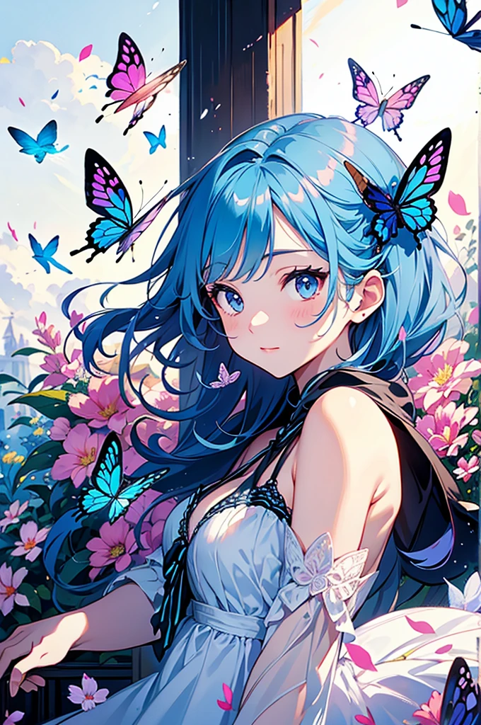 Cute woman with rainbow hair, Colorful butterflies, water, Colorful flowers