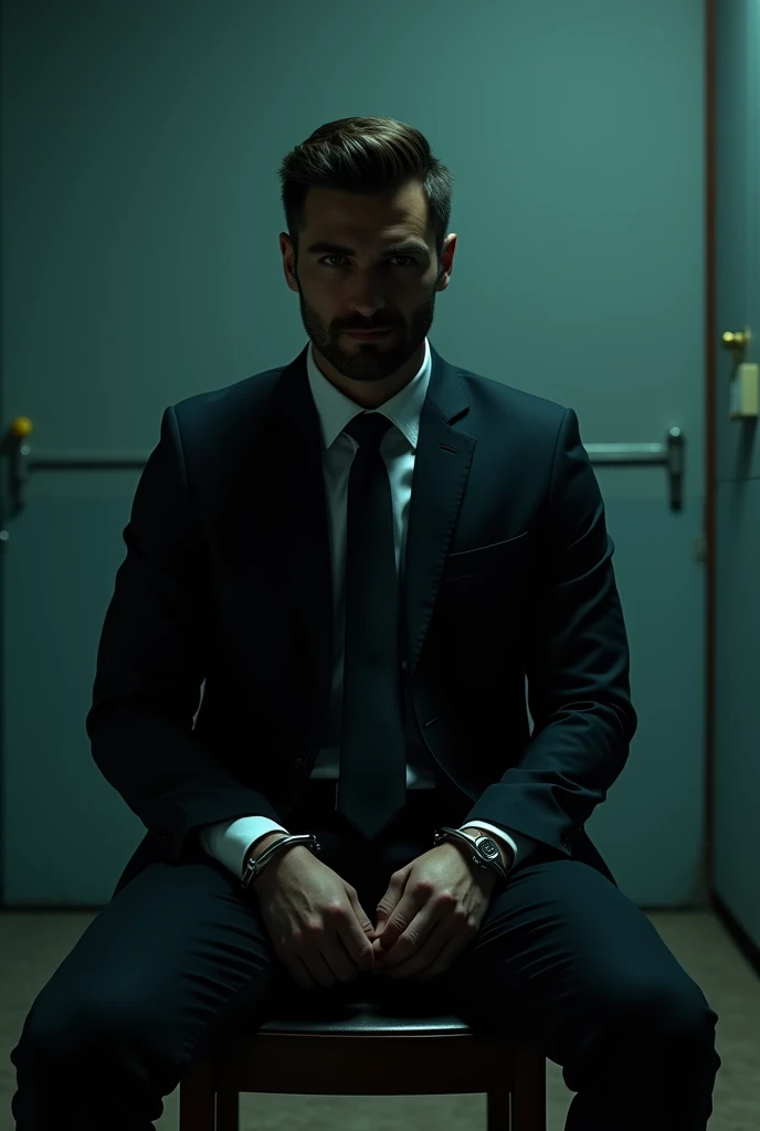A handsome man with handcuff without showing face sitting on a chair in investigation room