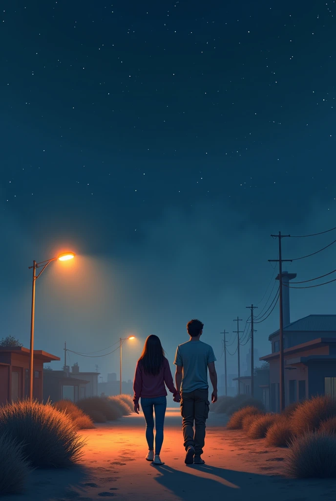 Desert factory city. Middle of the desert factory city beside desert bushes. Lone street with sodium street light. Couple walking holding each others hand. Night is starry. Weather is light cold and a bit foggy. Beautiful Girl age 32, weight 55kg, hight 5'2", straight hair, full sleeve t-shirt and jeans. handsome man age 34, weight 85kg, hight 5'7"straith silky hair, wearing t-shirt and cargo pant. Man has straight silky 6" hair. Its a road in factory city, girl wearing full sleeve.
