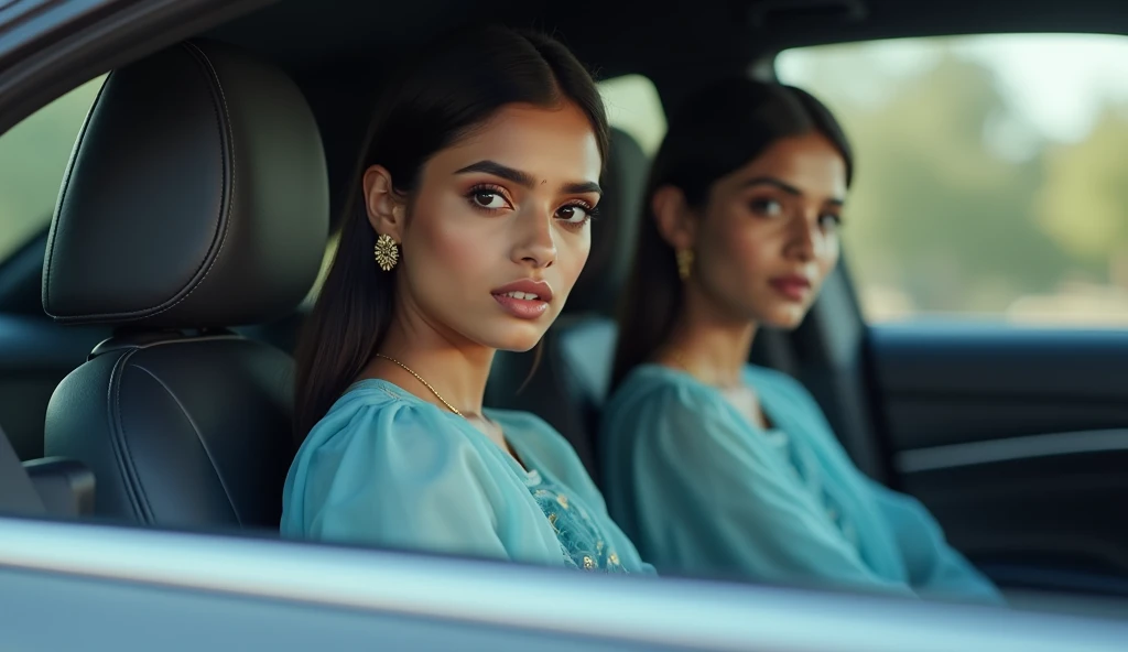 A 2 beautiful Indian girl named Shreya is sitting on the front seat of a Mercedes S class car, she is wearing a sky blue frock and she is looking towards the driver.