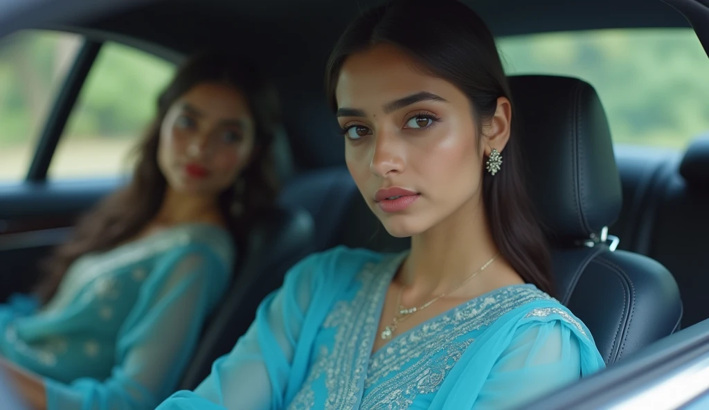 A 2 beautiful Indian girl named Shreya is sitting on the front seat of a Mercedes S class car, she is wearing a sky blue frock and she is looking towards the driver. 