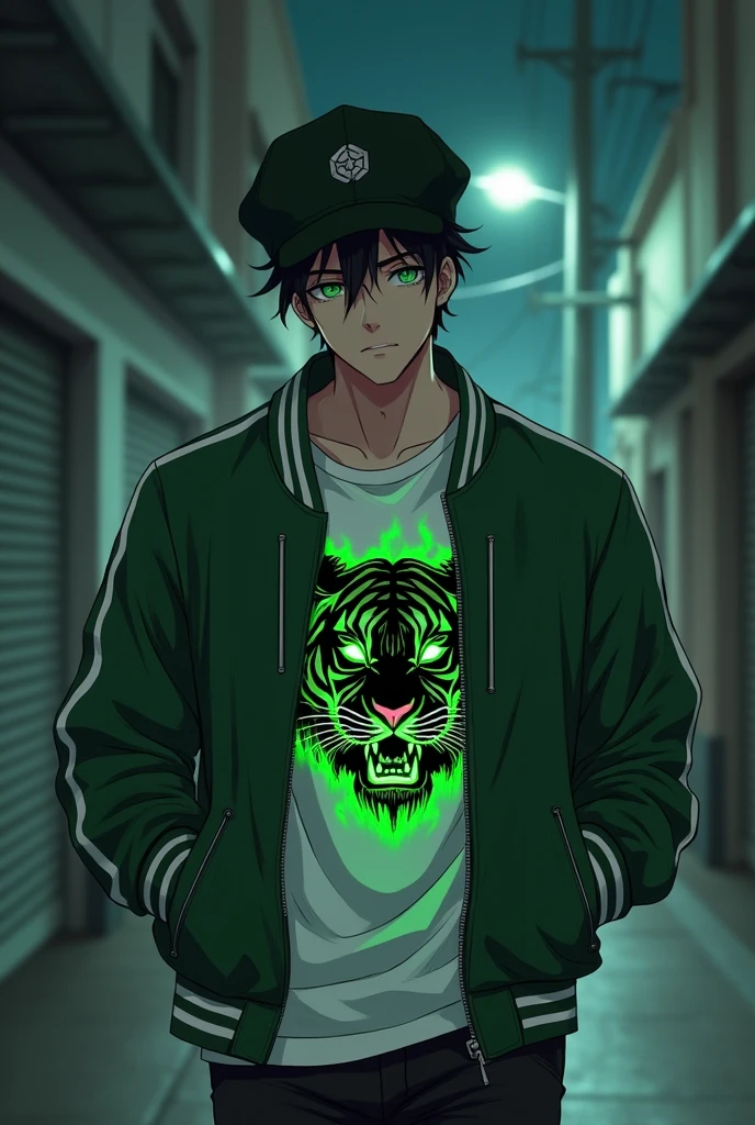 A  anime handsome guy with flashy green eyes , both hands in jacket's pockets, a green fit jacket with white lined on it and a white t-shirt with a picture of black tiger burning in green flames in the middle of that . black neat hair , jacket's hat on his head so his face is not clear . a strong body as a sign of exerciser being , while walking to you and poser . dark blue jean . white skin , in night view on a quiet street
