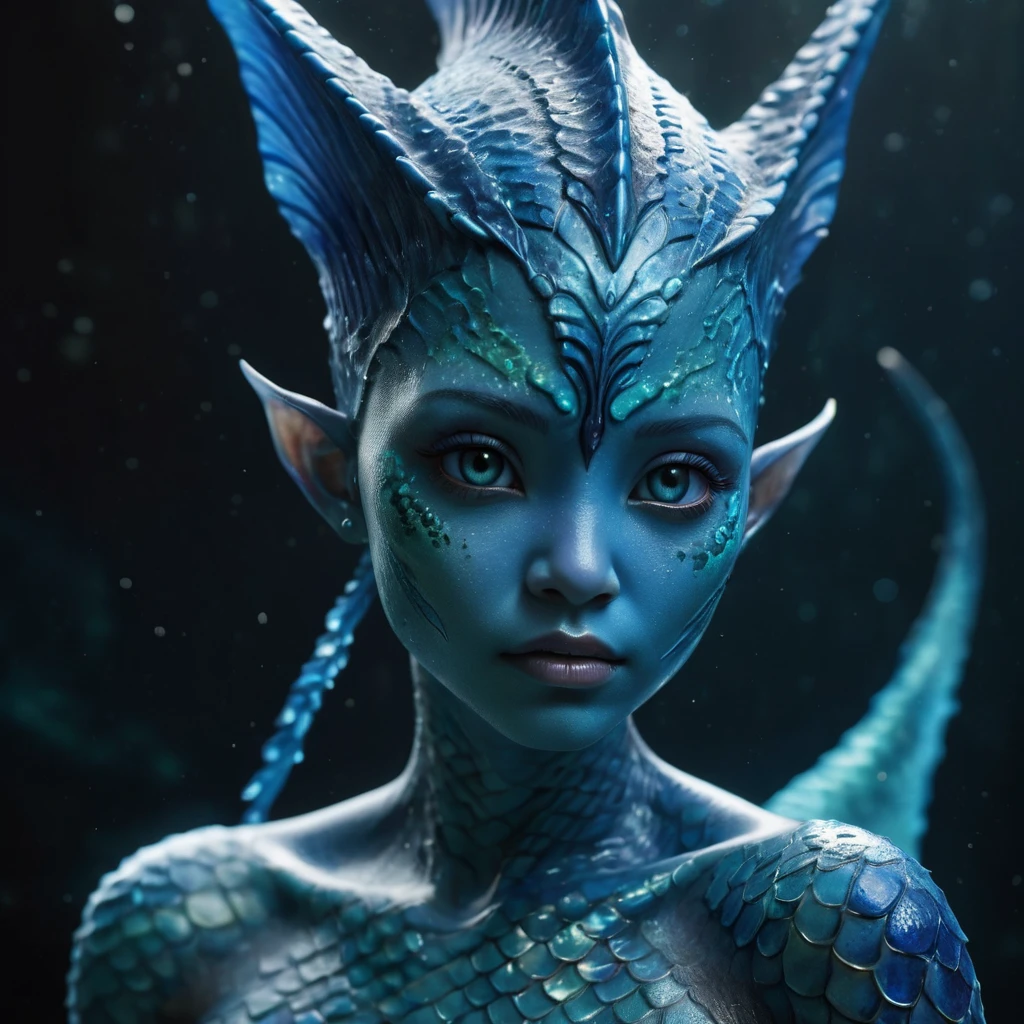 RAW, ((((masterpiece)), photographic)), professionally detailed, ultra-high detail, sharp, insanely detailed,naked, füll Body
blue humanoid avatar, pointed fishy mermaid like ears, with avatar markings and bioluminescence dots and patterns
, rich details, clear shadows and highlights, realistic, intense, enhanced contrast, highly detailed