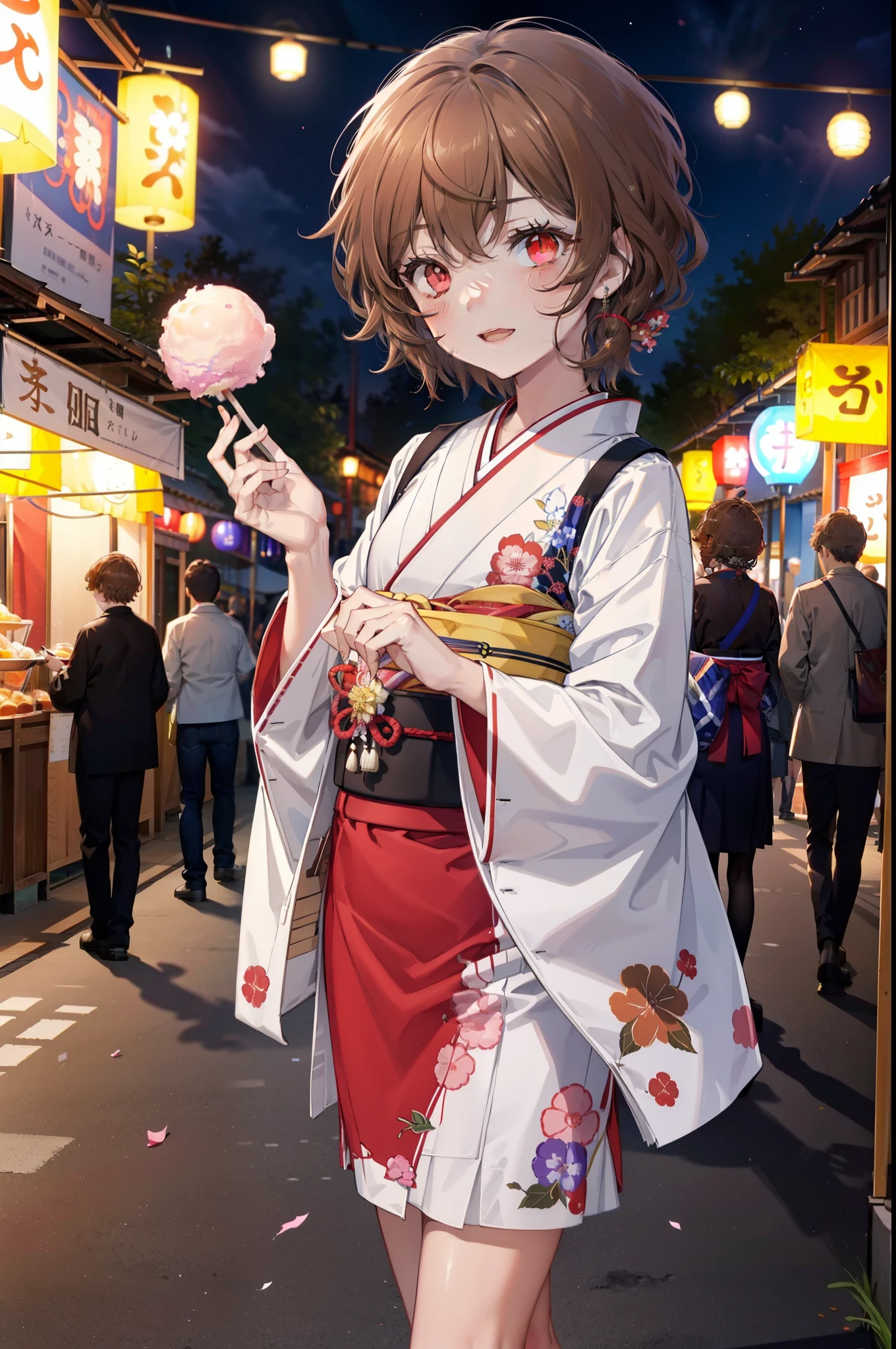 Lililukarde, (Brown eyes:1.7), Brown Hair, (Flat Chest:1.2), short hair,smile,blush,Open your mouth,night,Brown kimono,mini skirt,He is holding cotton candy in his right hand and a clear bag full of cotton candy in his left hand.,Japanese Festivals,Summer festival food stalls,Red lantern,whole bodyがイラストに入るように,
break looking at viewer,whole body, (Cowboy Shot:1. 5),
break outdoors, Veranda,
break (masterpiece:1.2), Highest quality, High resolution, unity 8k wallpaper, (figure:0.8), (Beautiful attention to detail:1.6), Highly detailed face, Perfect lighting, Highly detailed CG, (Perfect hands, Perfect Anatomy),