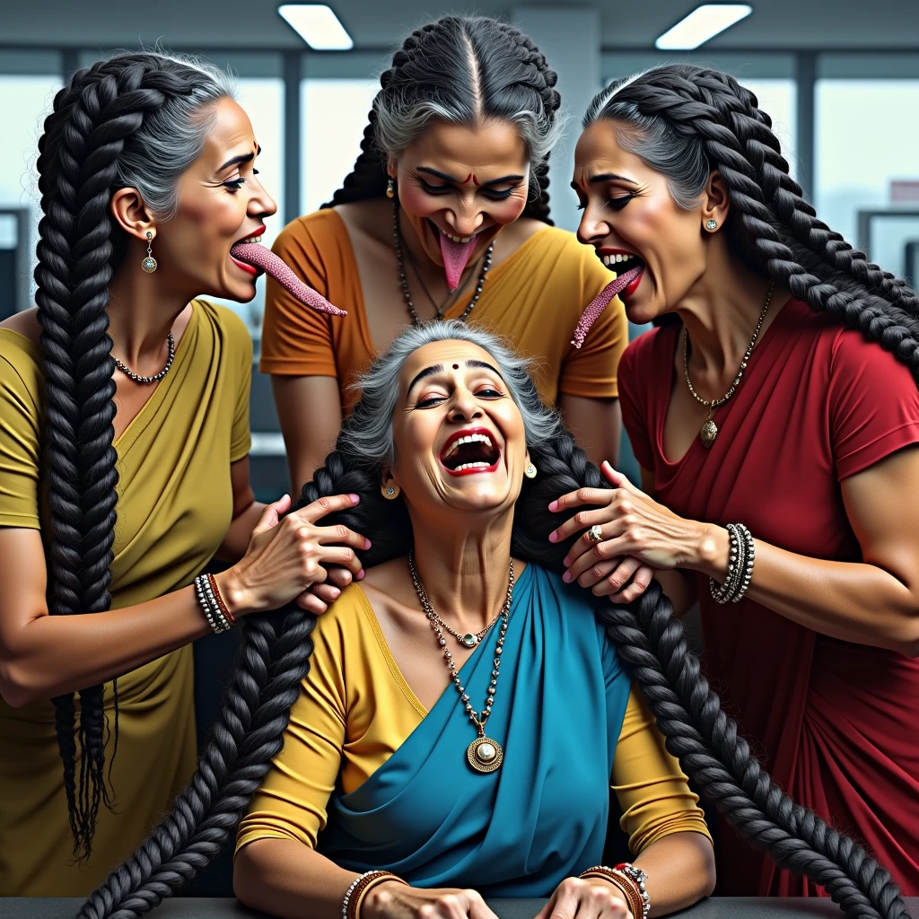 In a office,total 3 india eldery ladies involving and licking their hairs of each others wildly,all four of them,with their hairs respectively colors for the marure ladies and eldery lady hairs in as per image prompt,their long,meticulaiursly suler conrowed braided hairs shining ,red lipsstick,natural tongues pulled out,licking the eldery lady' hair by  other eldery with conrowed hairs like she is being raped excat in image,These all three ladies' faces are with showing full of sexual wildness showing out from their faces exact as in image prompt,Their eyes are fullfill with sexual wildness with raping scalp as per the imahe prompt,(Show me their tongues,long tongues:1.0) styled with 100000 liters hair oil,hairs like viscus oiled pulp,slick combed hair lines highly visible,{{{{Ladies wears perfect dresses in perfectt busty}}}},{{{{{NSFW}}}}},{{{{{{Hairs highly soaked}}}}}},{{{Hairs Drenched in water}}}}},{{{slick combed hair lines}}}},{{{{Hairlines reflecting shinning like mirrors with water}},{{{{{Showcase full bodies perfect figures}}}}},{{{{{High resolution perfecr color grading}}}}}},{{{Perfect conrowed on all three ladies exactly in image prompt}}}}}}},((((((Generate ethnicity as indian sexy build ladies))))))),((((((Generate wildness poses where shows the wildness maturity of the sexually wildness and extremly extremly wildness in to hair licking by their tongues exatly as image prompt if someone sees this should get errected)))),