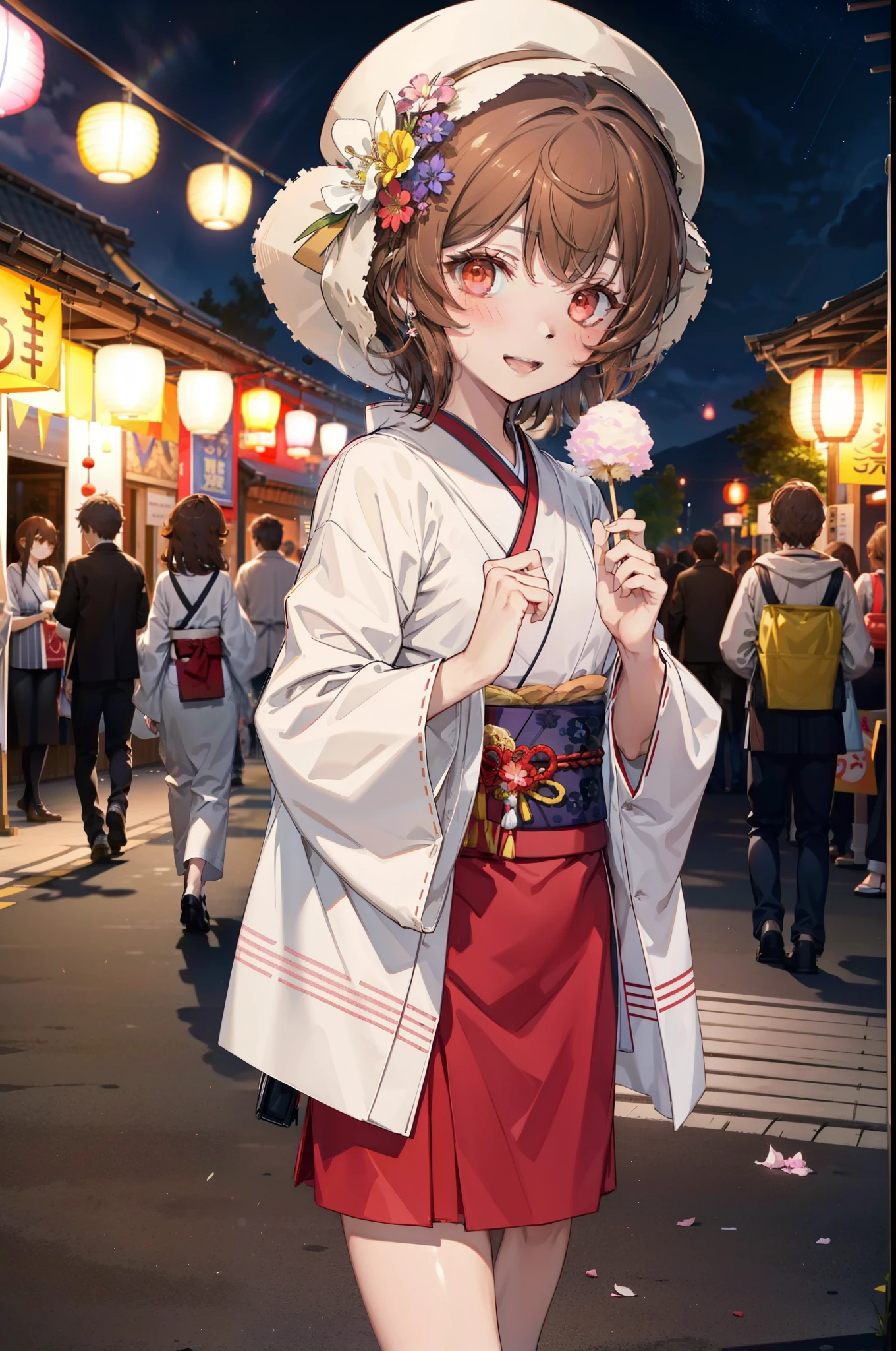 Lililukarde, (Brown eyes:1.7), Brown Hair, (Flat Chest:1.2), short hair,smile,blush,Open your mouth,night,Brown kimono,mini skirt,He is holding cotton candy in his right hand and a clear bag full of cotton candy in his left hand.,Japanese Festivals,Summer festival food stalls,Red lantern,whole bodyがイラストに入るように,
break looking at viewer,whole body, (Cowboy Shot:1. 5),
break outdoors, Veranda,
break (masterpiece:1.2), Highest quality, High resolution, unity 8k wallpaper, (figure:0.8), (Beautiful attention to detail:1.6), Highly detailed face, Perfect lighting, Highly detailed CG, (Perfect hands, Perfect Anatomy),
