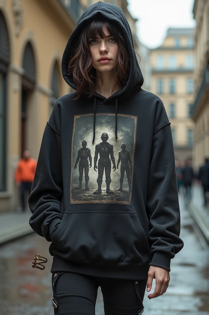 A worker drone (robot) with hoodie, long arm sleeve being folded containing a bracelet on the wrist, print in the middle of zombie drone apocalypse, black shirt underneath reaching towards the waist with wide sleeves, wavy hair in strands of glitter hair and that the bangs rest on one side over the shoulder, black boots with silver to gold laces, reddish eyes (like wine) to almost shiny brown.