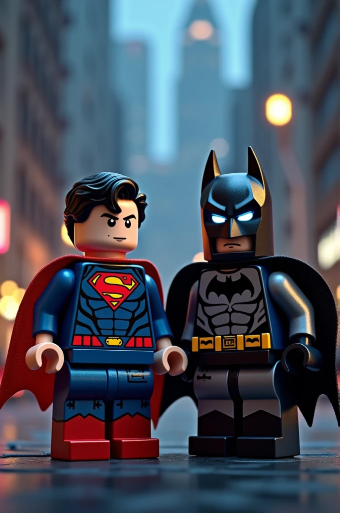 Superman and Batman in lego art, night