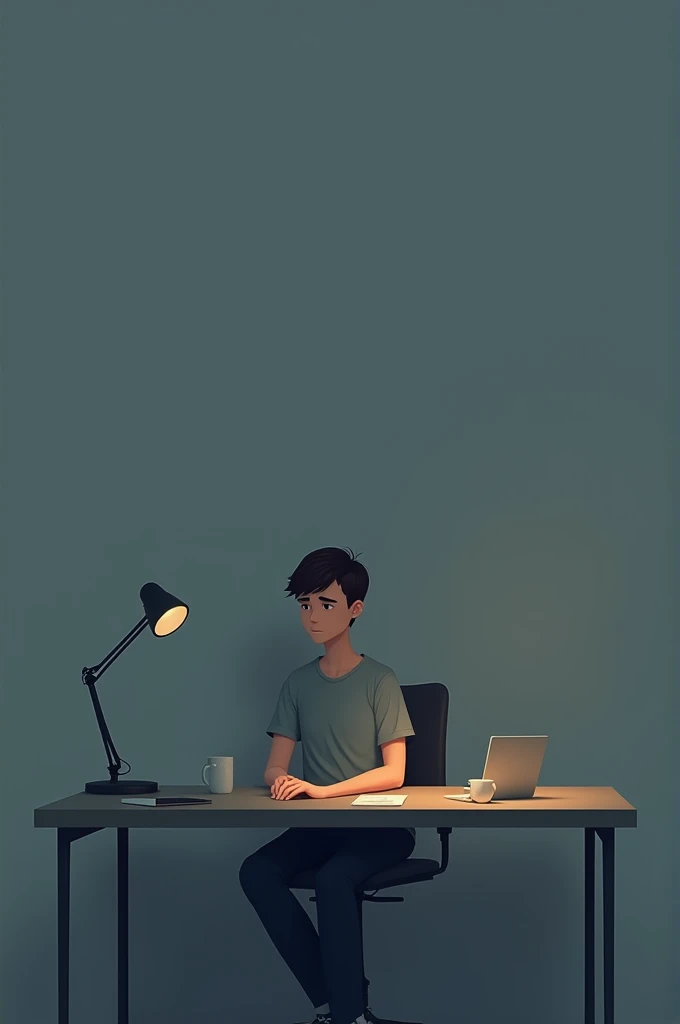 Create a 2D animation of a lonely character sitting alone at a simple desk in a dimly lit, minimalist room. The character is a young man with short, dark brown hair, wearing a simple grey t-shirt and jeans. He has a slim build and a slightly tired, downcast expression, with slouched shoulders and a sense of heaviness. The room should feel empty and isolated, with muted, cold colors like grey and blue. The environment around him is sparse, with only a few personal items like a phone, a lamp, and a cup on the desk, all of which are slightly out of reach, symbolizing disconnection."