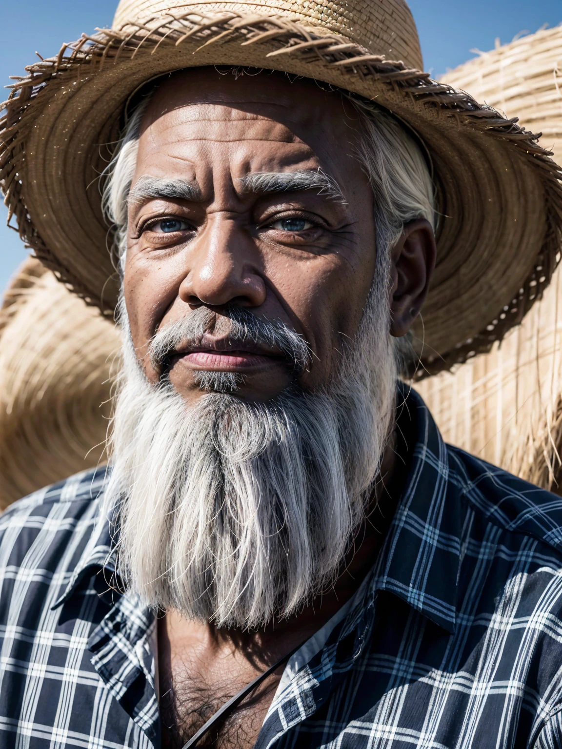 An old black man, an elderly black man, with beard and white hair, with a blue plaid shirt and straw hat