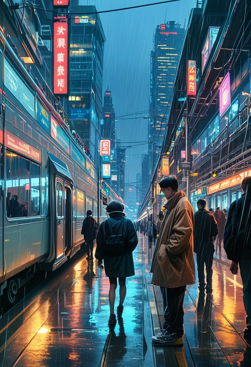 ((masterpiece)),((best quality)),((high detail)),((realistic,)) Futurist era city, architectural streets, futuristic train lines, cyberpunk, buildings, night, European city, rainy, neon