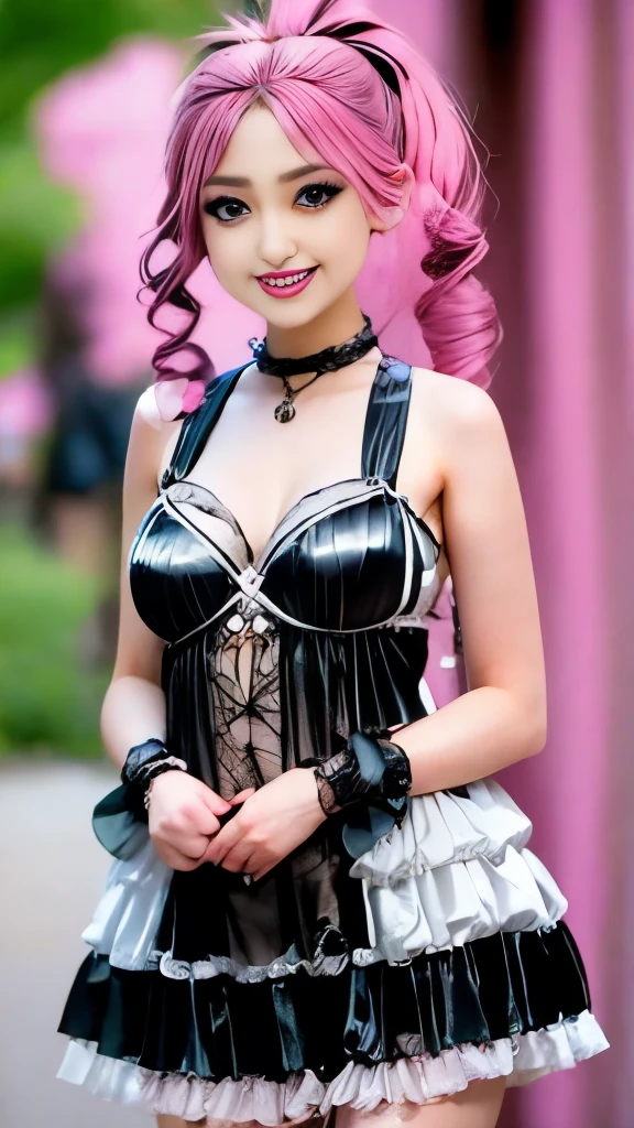 there is a woman in a pink dress posing for a picture, a photo inspired by Fujiwara Takanobu, flickr, rococo, cybergoth, dressed in crustpunk clothing, harajuku fashion, wearing a dress made of beads, glamourous cosplay, harajuku street fashion, she looks like a mix of grimes, pastel goth, fantasy outfit