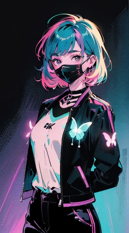 (((masterpiece, best quality, illustration, extremely detailed, 8k, 4k, 2k))), (1girl),skeleton style,((glow hair, multicolored hair)), ((Iridescent Hair)), (rib cage), ((face mask)), ((teal neon light)), ((hands behind back)), (black jacket), (((purple retro background))), (looking at viewer), (black pants), ((butterflies)), (looking at viewer), (upper body)