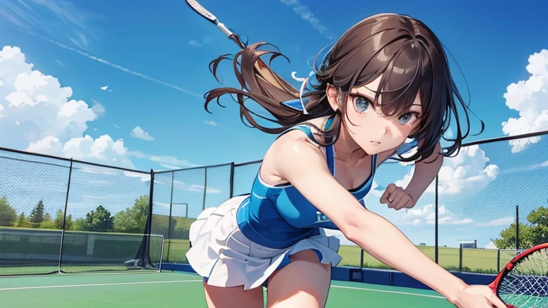 On the tennis court、Please draw an illustration of a woman holding a tennis racket and powerfully serving the ball.。The woman has a concentrated expression、It shows dynamic movement.。The background features a blue sky and court lines.。