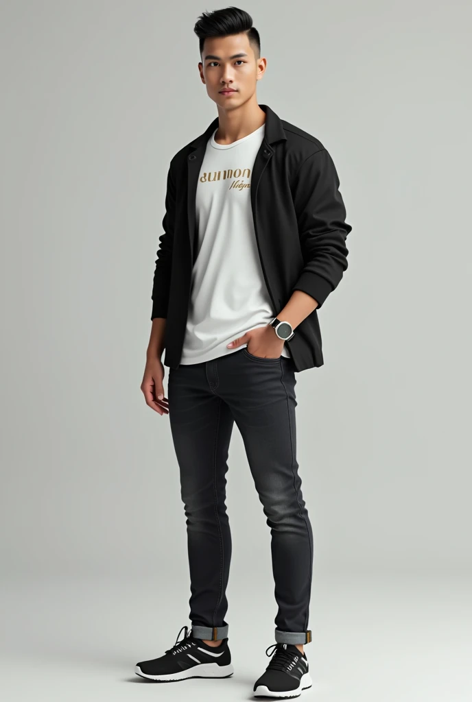 A handsome Indonesia man with a clean face, very short black hair with a slightly body athletic look on the sides, wearing a white t-shirt with a premium logo, with an open black jacket,Neat jeans, stylish sports shoes, ,realistic hd 