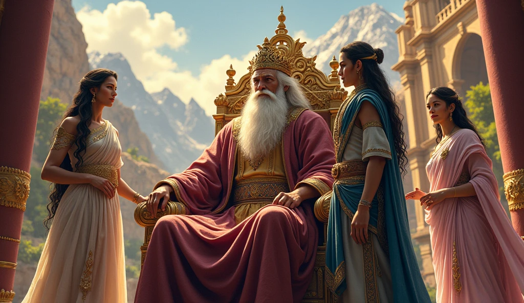 "A grand palace set in the lush, mountainous region of Gandhara. King Subala, an older man with a regal bearing, long flowing beard, and royal robes in gold and deep purple, sits on his throne. Beside him stands Shakuni, a young prince with sharp features, dark eyes full of intelligence, dressed in blue and silver royal attire with a simple crown. Gandhari, a vision of grace with long dark hair, wears a soft pastel sari, and her gentle expression reflects her inner strength. The scene is bathed in golden sunlight, reflecting the kingdom's glory and prosperity