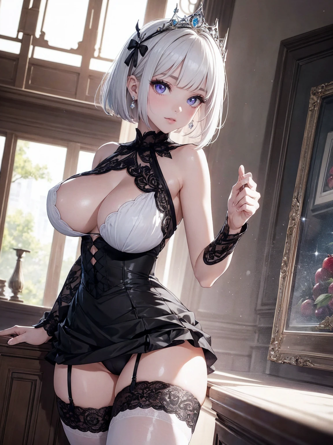 (Absurd Resolution:1.2), (ultra detailed:1.2), (masterpiece:1.2), (Photorealistic), (top-quality), BREAK (cute 1girl), (ager), (finely detailed beautiful face:1.2), (ultra-fine-Purple-cute-eyes:1.2), (Expression ultra detailed Glitter Pupil), (ultra detailed Expression eyelashes), BREAK (ultra-detailed-bob-cut-white-hair, parted bangs), (beautiful Glossy lips), (slim body and gigantic breasts:1.3), narrow waist, leggy, curvy is body without muscles, BREAK (glossy realistic pale skin texture:1.2), (4 defined fingers), (1 defined thumb), Beautiful Smile, BREAK (ultra detailed black Princess dress, skirt, Garter stockings:1.2), Ribbon on head, Complex Pattern, BREAK Seductive pose, (Crisp focus:1.2), (full body shot, shoot from front, high angle shot), professional lighting, BREAK ultra detailed Royal Palace Indoor, (I have a red apple in my hand), This is the venue for the masquerade ball,