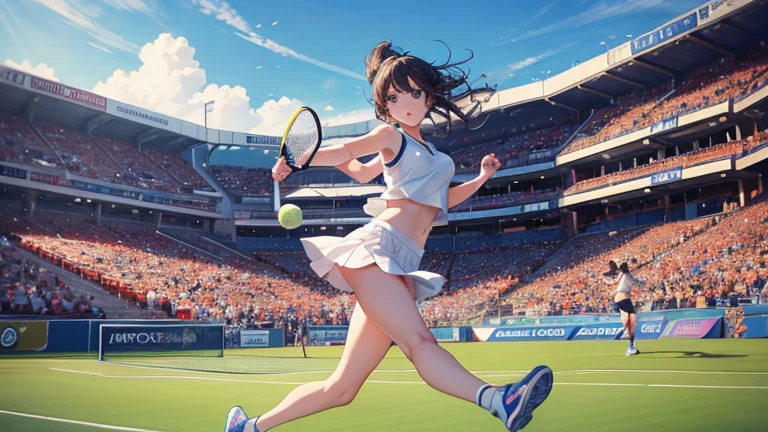 Holding a tennis racket in one hand、Please draw an illustration of a woman chasing the ball during a game.。The woman runs towards the ball with all her might、Sportswear fluttering in the wind。The audience seats can be seen in the background.、You can feel the tension of the match。