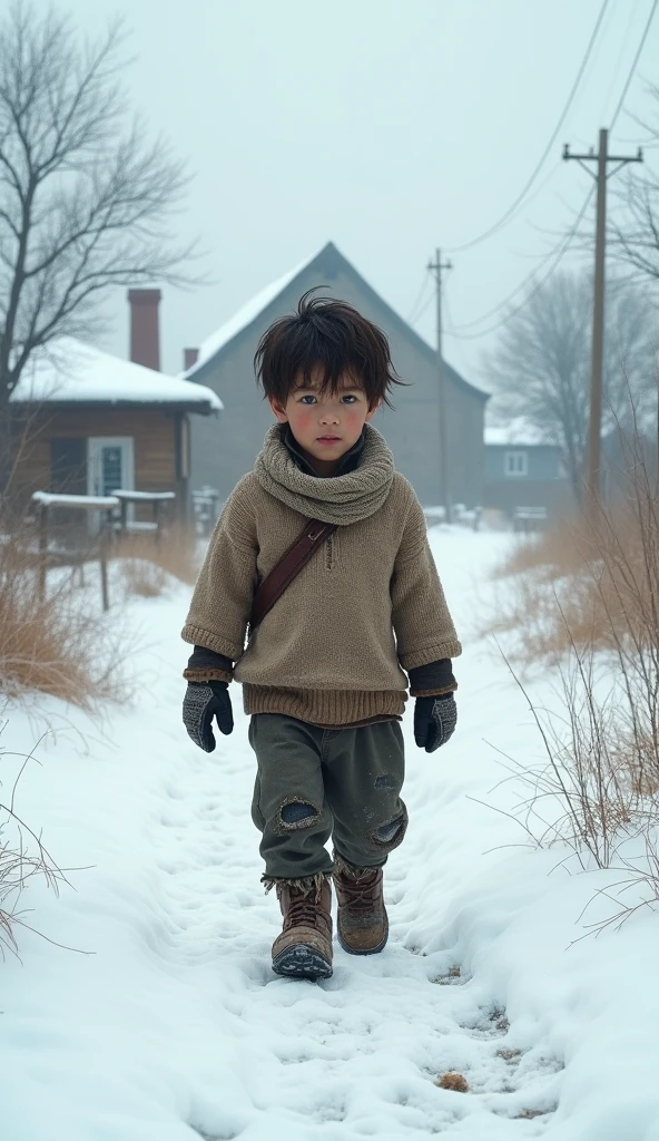 A young boy, around , walks alone on a snowy path toward a small village school. He has dark brown, messy hair, and wears a thin, oversized, worn-out sweater with frayed pants. His shoes have visible holes, and his jacket is too thin for the harsh winter. His cheeks are flushed from the cold, and his breath is visible in the frosty air. The snow-covered village and distant school are in the background, with the boy looking determined yet vulnerable.