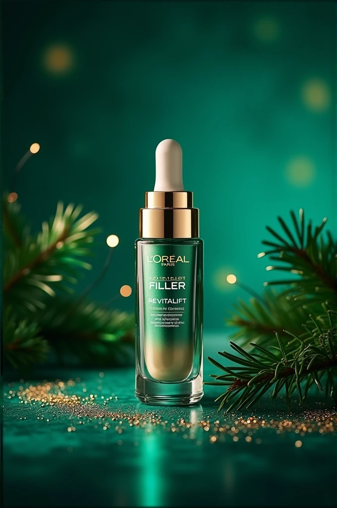 Go for a rich, festive background color—deep emerald green or midnight blue. Add subtle twinkling lights or a soft, glittery texture to get that holiday feel without overwhelming the main product: L'Oréal Paris Revitalift Filler Hyaluronic Acid Serum.