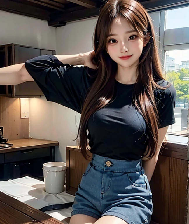 Masterpiece, high detailed, realistic, ultra realistic, ((hyper realistic)), woman with long hair, brown hair color, ((black t shirt / blue short pant)), smile, 16k,