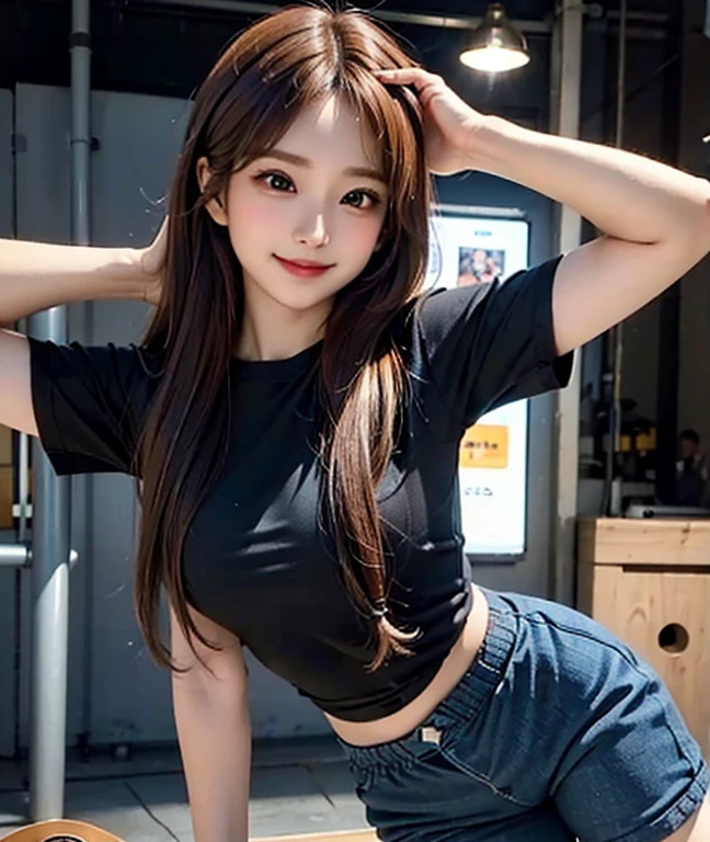 Masterpiece, high detailed, realistic, ultra realistic, ((hyper realistic)), woman with long hair, brown hair color, ((black t shirt / blue short pant)), smile, 16k,