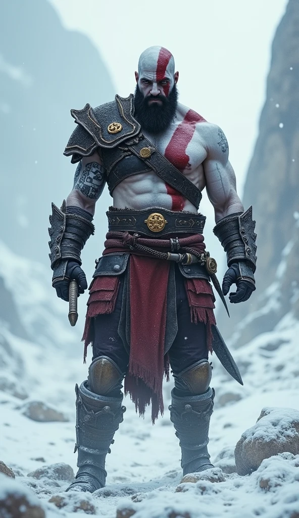 Kratos stands amidst a desolate, snow-covered battlefield, his imposing form carved out by the harsh, wintry light. The heavy snowfall contrasts with his rugged, battle-worn appearance, the pale skin and red tattoo stark against the white landscape. His Blades of Chaos are sheathed, glinting with the faintest trace of light, while the cold wind whips through his beard and tattered armor. The silence of the snow-covered ground is punctuated only by the distant howl of the wind, creating a serene yet somber backdrop. Despite the harsh environment, Kratos remains a figure of steadfast resolve, finding a moment of calm in the chaos of his relentless journey, harmonizing with the stillness around him.