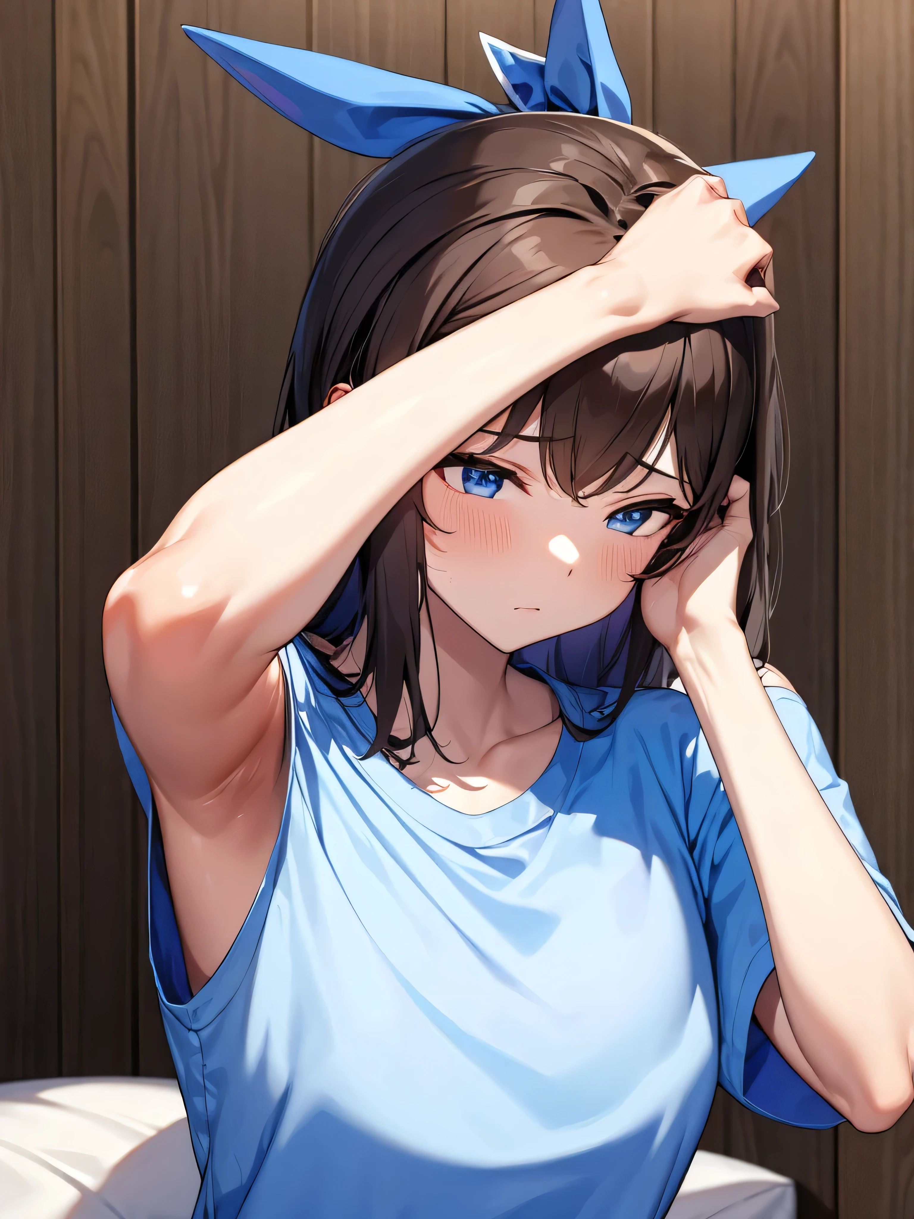 Flat Chest、tshirt、Showing the armpit from the cuff、