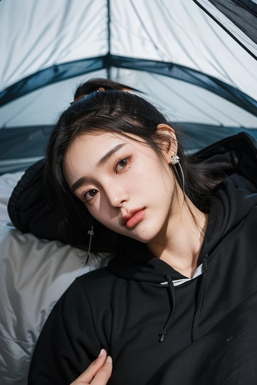 (2 pure Japanese girl,), (Small breasts:1.5,),(Mole on left side of neck:1.5),(solo,,Textured skin, Detailed skin,Detailed face,Detailed eyes,detailed posing,Natural eyebrows,Sparkling Eyes,High detail, Highest quality, Super detailed, Surrealism, ,8k,RAW Photos,Photographicism,Professional Lighting,Ray Tracing,Portrait Photography,Natural Light),(((Black Hair, Natural Makeup,Simple earrings, ponytail, ))),(((Inside the tent at night,hoodie,sleeping bag)))