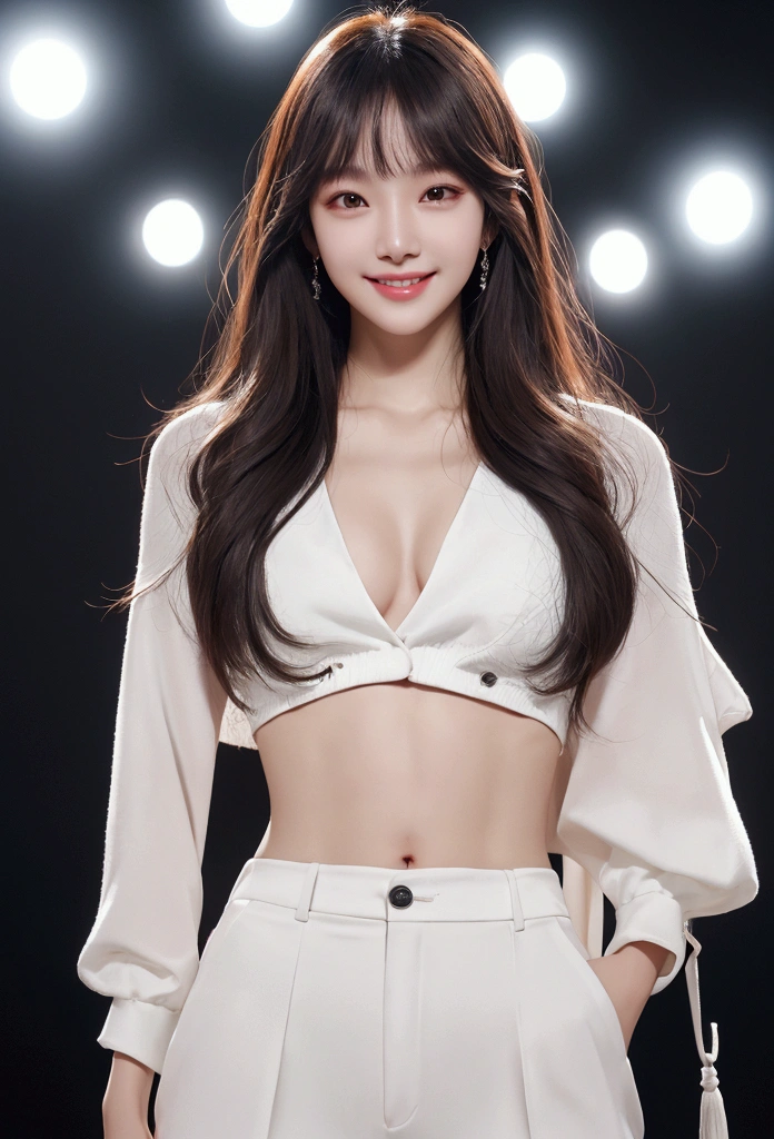 surrealism, high detail, movie lights, ray tracing, angle of view, Eye-Level Shot, hyper hd, masterpiece, textured skin, 4K, Top quality upper body,korean,Puppy Award,long legs,long hair,Covered bangs,straight hair,pretty lips,pretty face,perfect face,perfect body매,slim body,Pretty nails,bright smile,Toned body,Toned thighs,perfect body,black eyes,evil smile, solid body,White skin,Dog-like,resembles An Yujin