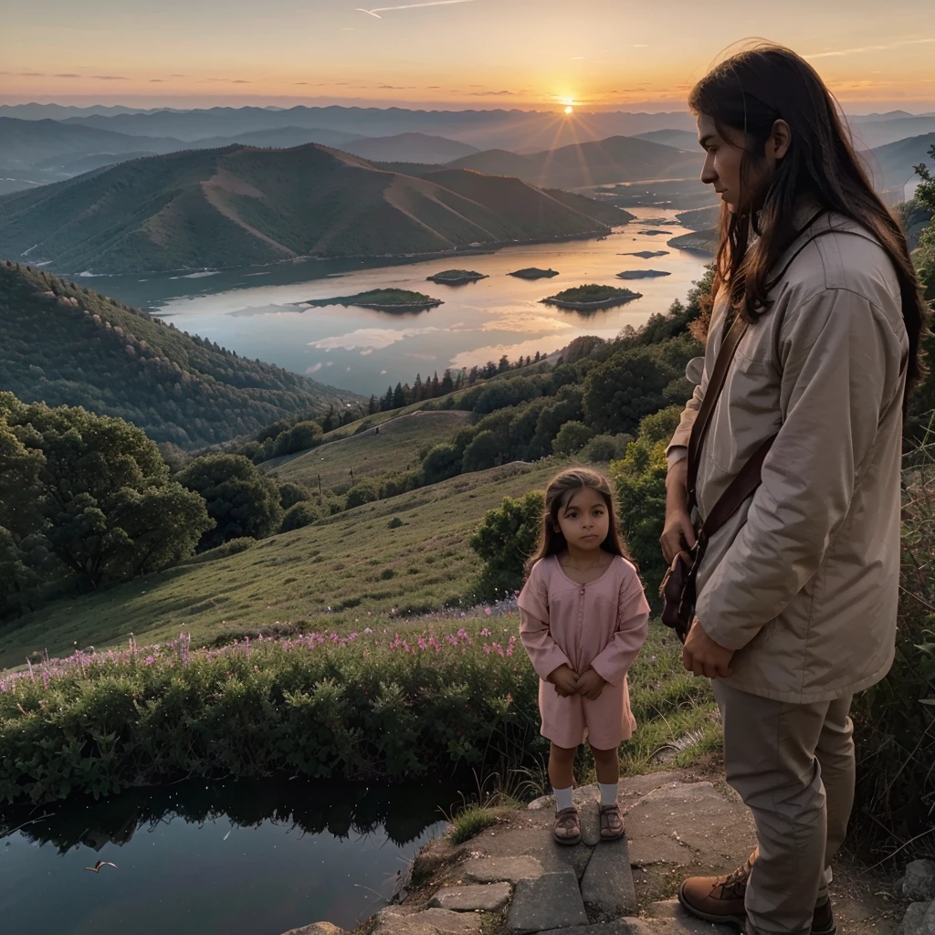 Reaching the Summit: Awe and Reflection
Prompt: The summit of the mountain, with Leo and Elder Mira standing side by side, overlooking a breathtaking panoramic view of rolling hills, forests, and rivers below. The sky is painted in soft hues of pink and orange as the sun begins to set. Leo looks awed by the beauty, while Elder Mira gazes at him proudly. A few birds fly across the horizon. Size: 1792x1024
