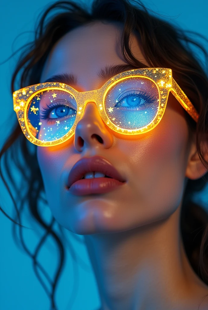 model wearing vitreous sunglasses with star and moon in the glass, in the style of dark sky-blue and light yellow, minimalist pen lines, fairy kei, use of precious materials, vibrant and lively hues, captivating, glitter
