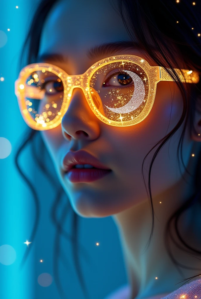 model wearing vitreous sunglasses with star and moon in the glass, in the style of dark sky-blue and light yellow, minimalist pen lines, fairy kei, use of precious materials, vibrant and lively hues, captivating, glitter 