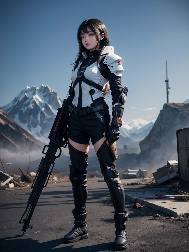 Full-length, young girl with black long hair and honey eyes, dressed in white futuristic armor with black patterns, on her shoulder a small symbol in the form of the flag of Georgia, holding a futuristic rifle in her hand, standing in the middle of a destroyed city, soldiers are visible in the background and spaceships are visible in the sky, the landscape of the Caucasus Mountains, night time.