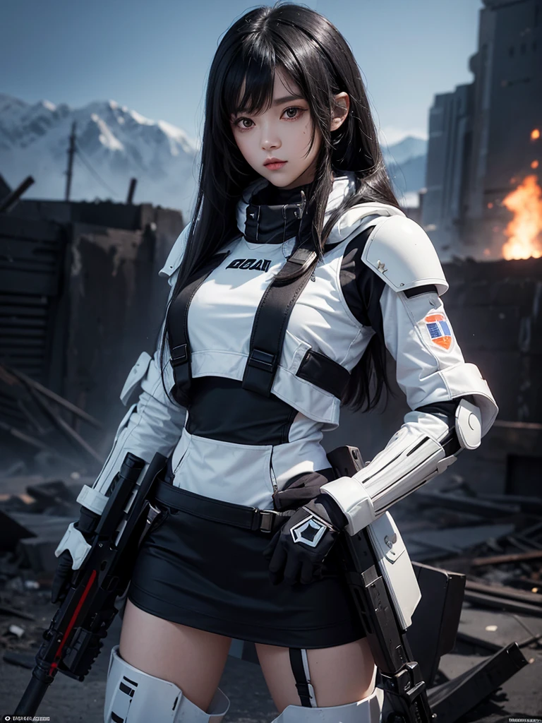 Full-length, young girl with black long hair and honey eyes, dressed in white futuristic armor with black patterns, on her shoulder a small symbol in the form of the flag of Georgia, holding a futuristic rifle in her hand, standing in the middle of a destroyed city, soldiers are visible in the background and spaceships are visible in the sky, the landscape of the Caucasus Mountains, night time.