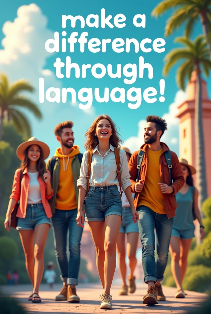 A motivational image of a group of happy tourists and a smiling tour guide, with a text overlay like “Make A Difference Through Language!”
