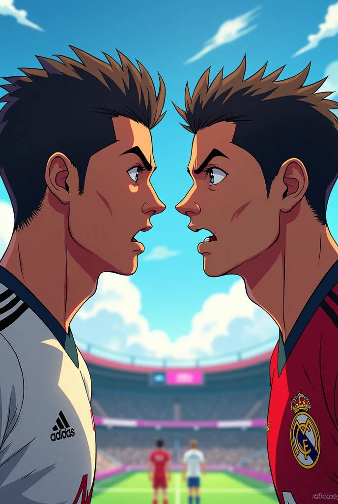 make me a picture of Cristiano ronaldo and Jimmy donaldson facing each other, with an anime style picture, make a picture with size 1280x720
