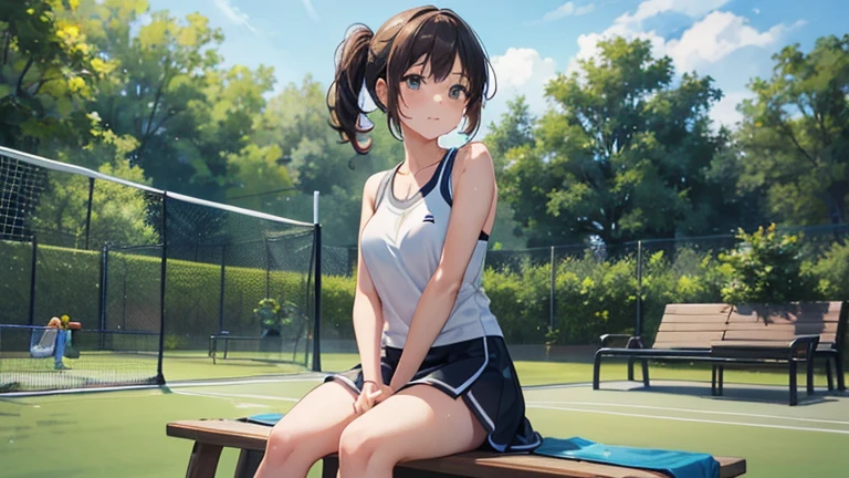 Please draw an illustration of a woman holding a tennis racket while taking a break between matches.。Woman sitting on a bench、She looks relaxed as she wipes away her sweat with a towel.。In the background is a green lawn and a tennis net.。