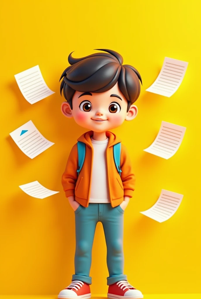 Create a logo for my YouTube channel which related to Educational , best  and attractive, yellow background, a YouTube logo in background,a teenager and cute boy like Indian and with midium hair and simple style, some documents pages flying, which focuse on best thinking 