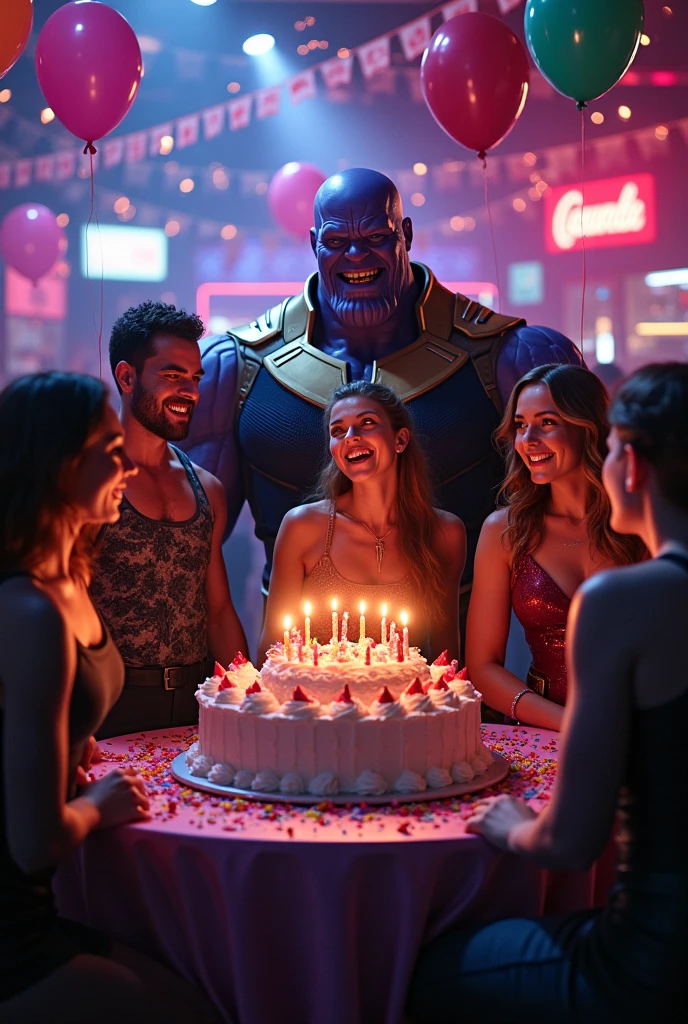 Avengers celebrating birthday with Thanos with cake in night club