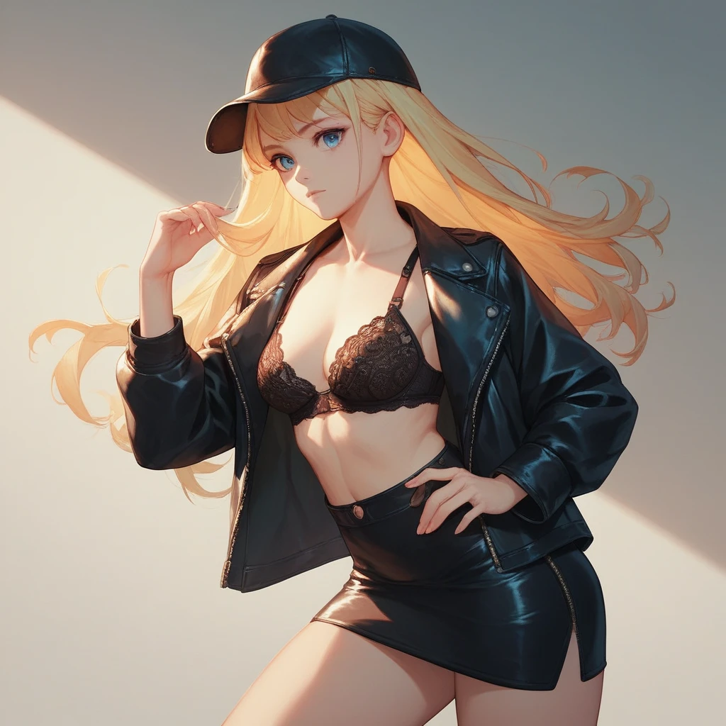 A young incredibly beautiful femme fatale-blonde with long golden hair, long bangs, blue eyes, a lace bow on her hair, in a leather jacket, in a leather skirt, a leather bra, an open leather jacket and a leather cap with rivets.