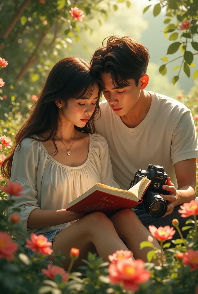 A fat girl is sitting alone among the flowers reading a book and a boy is taking her photo with a camera.and A locket of r name comes around the girl's neck and a d name da locket comes around the boy's neck boye tek her pitcher