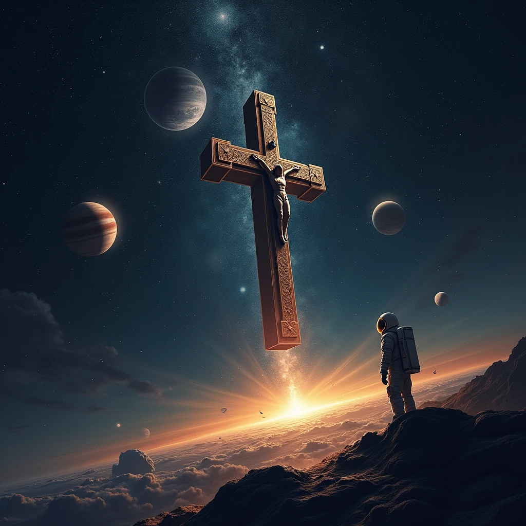 The Cross , in outer space , planets , Stars and an Austronaut ,