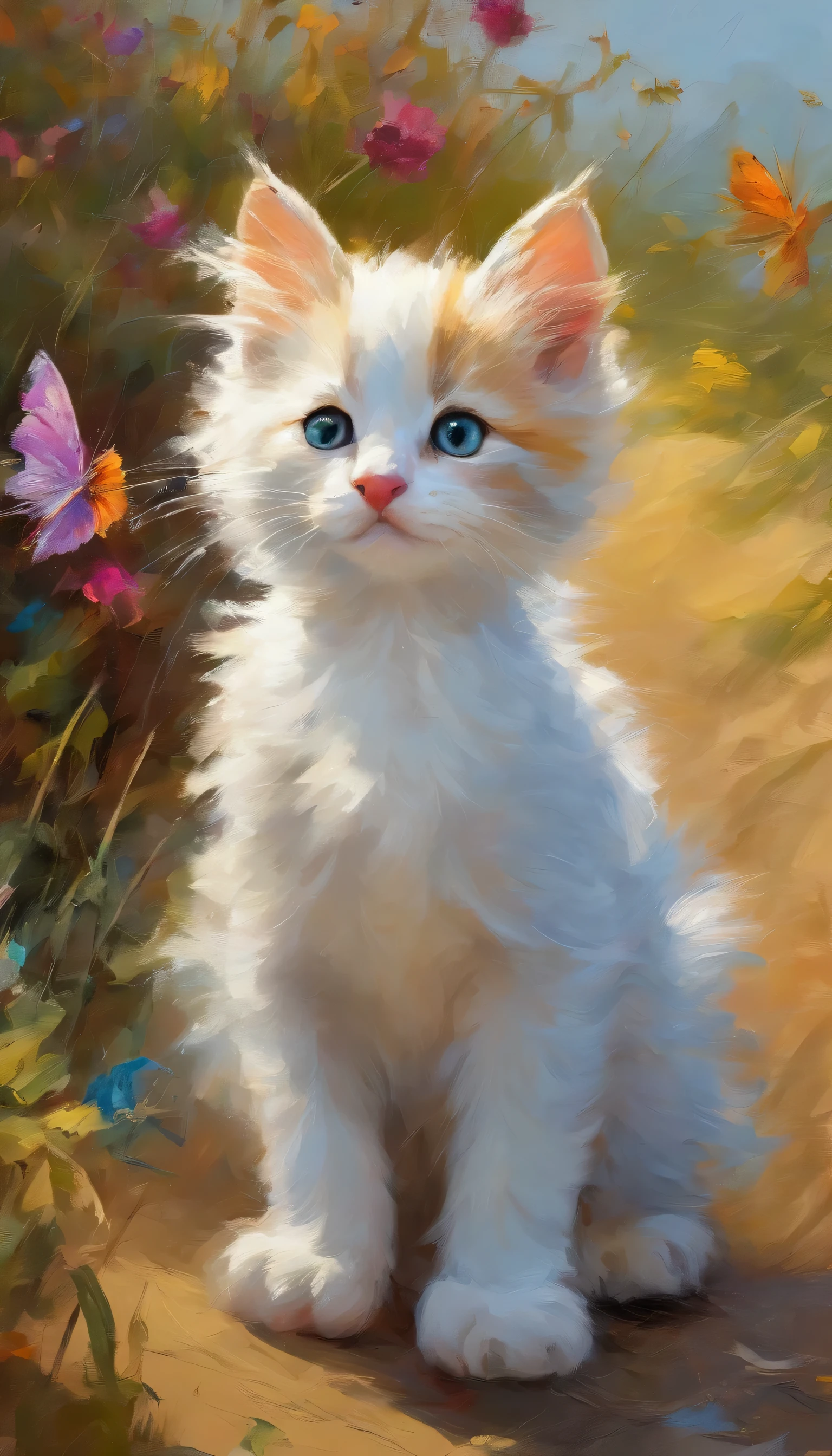 (Highest quality,Very detailed,Realistic),Kitten watching a butterfly,Beautiful attention to detail,Curious look,With soft fur,Small feet,Fluffy tail,Cute Beard,sea where the sun shines、,there are clouds in the sky,Beautiful beaches、White sand beach,Fly gracefully、bird,Breeze,Playful movement,Vibrant colors,Artistic Expression,Faintly illuminated