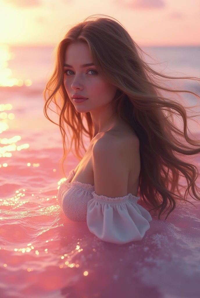 sea background, with pink would be with long wavy hair and light brown