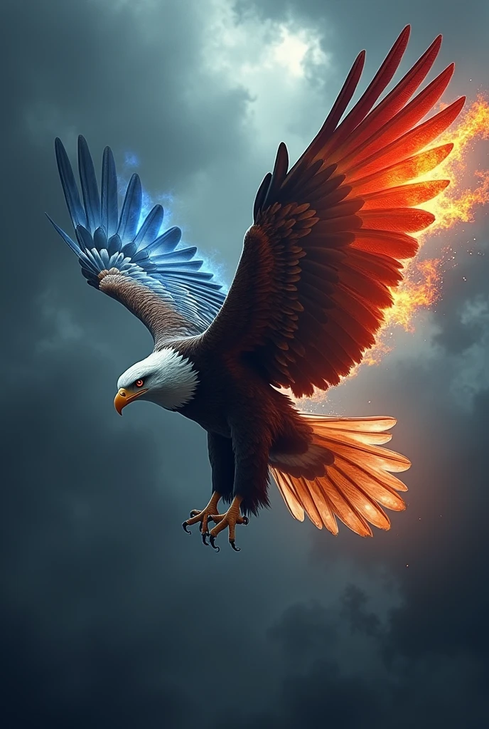  (fired  eagle one wing red fired one wing blue fired), falling his fired wing from both side,(backside view  dark thunder sky),hunted sharp eye,large full  view, front view, highly detailed sharp image 