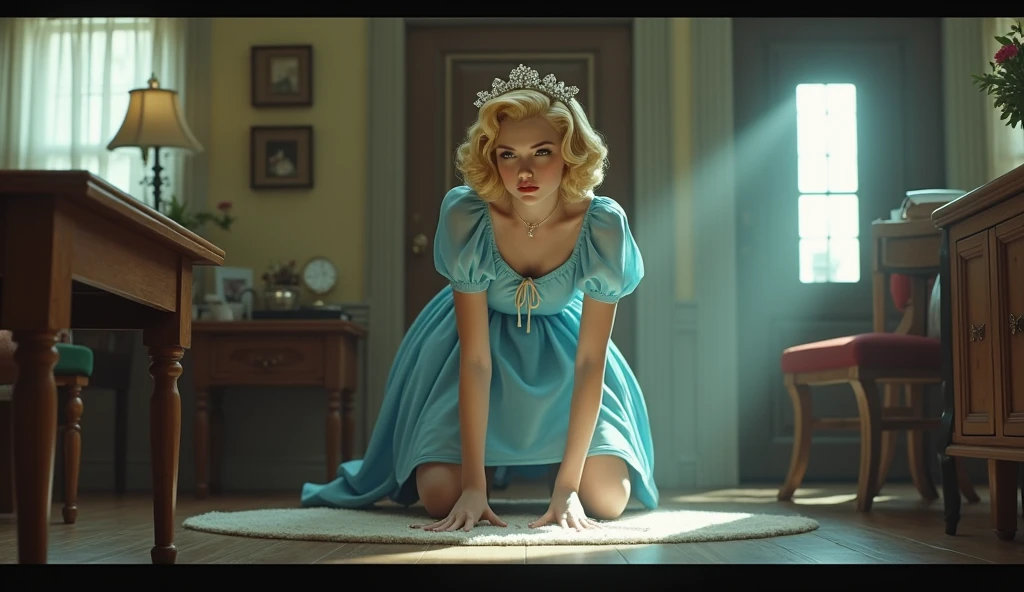 Cinderella,Cinderella,Yandere,Blonde,Retro Hairstyle,Diamond Hair Accessories,Blue shoes,Crystal slippers,Sweep the house, Wipe the table