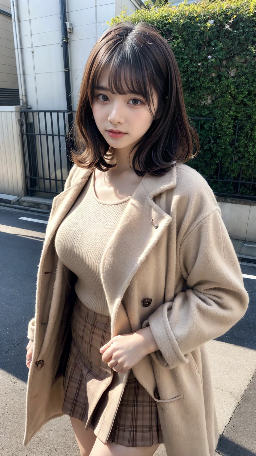 masterpiece, best quality, illustration, Super detailed, fine details, High resolution, 8K,wall paper, perfect dynamic composition,(Details High quality, realistic depiction of eyes:1.3), short hair, (wavy hair:1.2), Gorgeous and stylish black fluffy latest trend Tokyo winter clothes, (Elegant and high quality coat:1.1)、(The perfect and most natural light brown coat:1.1), tanktop, A-line skirt, Layered Cut, black hair color, Big Natural Color Lip, sexy pose, crying a little、Harajuku style、20 year old girl、cute type、lolita, hposing Gravure Idol, full body photo、focus on crotch, huge breasts